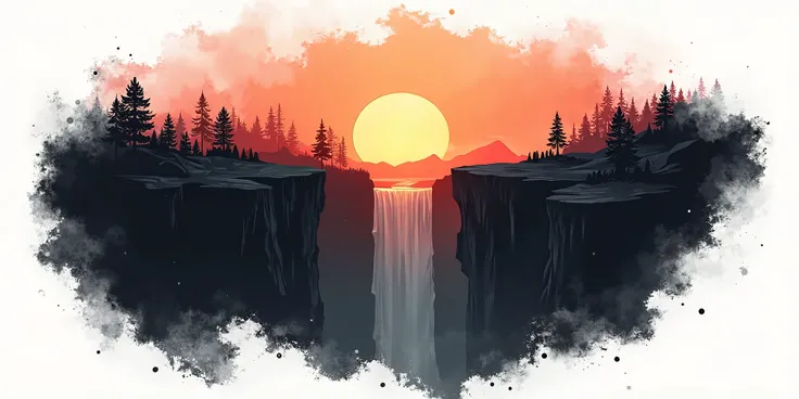 video game art style black graphics, dark black watercolor paint, contras, reverse sunset, white background, torn background, visual art style red line, double exposure, cliff overlooking waterfall, some rocks in shape of arches on top, matte painting 8k, ...