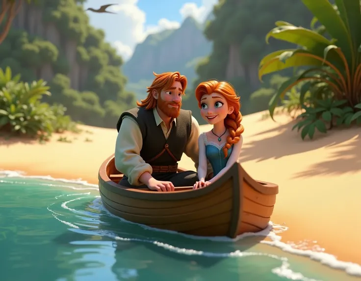 Cristof and Ana from the movie Frozen in a boat on a beach day 