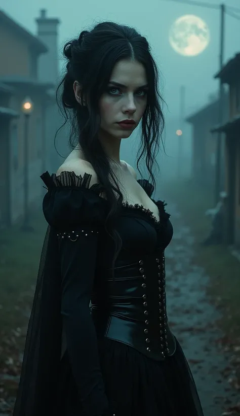 award winning RAW color photo of victorian era vampire cherrynobodysd15+ wearing black dress leather corset, dark foggy village, night ominous dark foreboding, mist, moonrays, vivid alluring eyes, pale skin, (black hair)+, shallow depth of field, high cont...