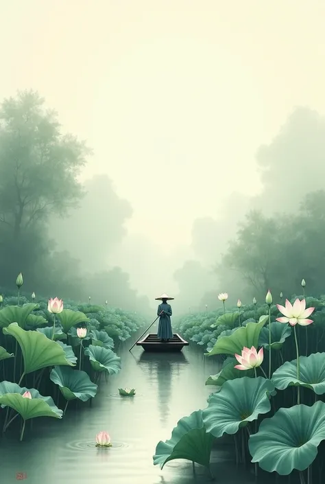 
 classical Chinese ink painting ：The lotus pond and the boatman ， the lotus leaves wither ， There are countless possessions on board， The surface of the water is somewhat cloudy ，There was a light rain in the sky， The flat boat and the boatman account for...