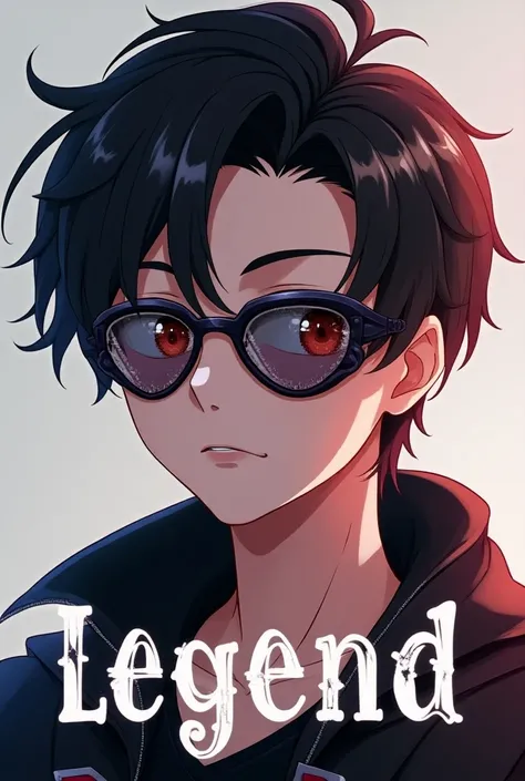 Realistic Anime boy with cool  sun glasses in down text written in - legend    OP   2 