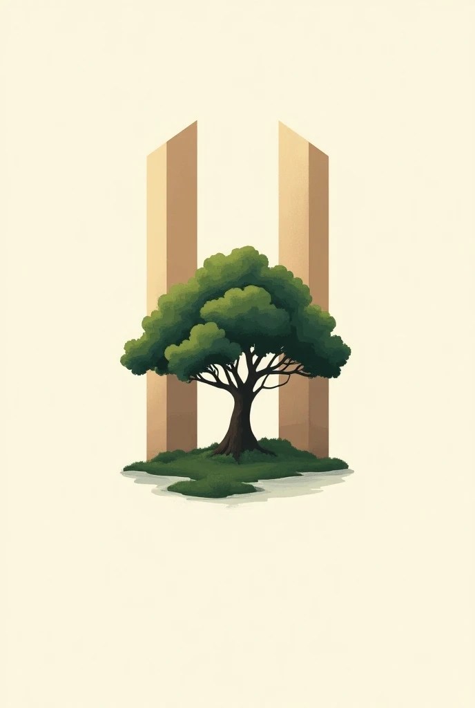  logo of a brand called “nature elegance" , in shades of beige and green , integrate a tree in the middle of two towers ,  dark green tone, and brown 