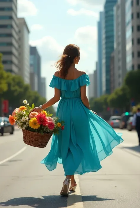 walking on Avenida Paulista carrying a basket of flowers in her hands, her dress is turquoise blue, her sandals are white with high heels