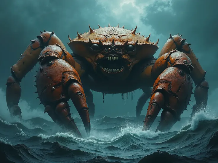 Giant monster crab in the middle of the ocean, monster, freak, darkness, dark fantasy, dramatic light, by Aitor Throup