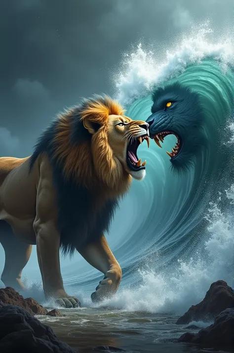 Create an image of an angry lion standing face-to-face with a powerful surge of water, as if in a fierce confrontation. The lion is roaring, muscles tense, with a fiery intensity in its eyes. Opposite, the water appears animated, forming waves that rise me...