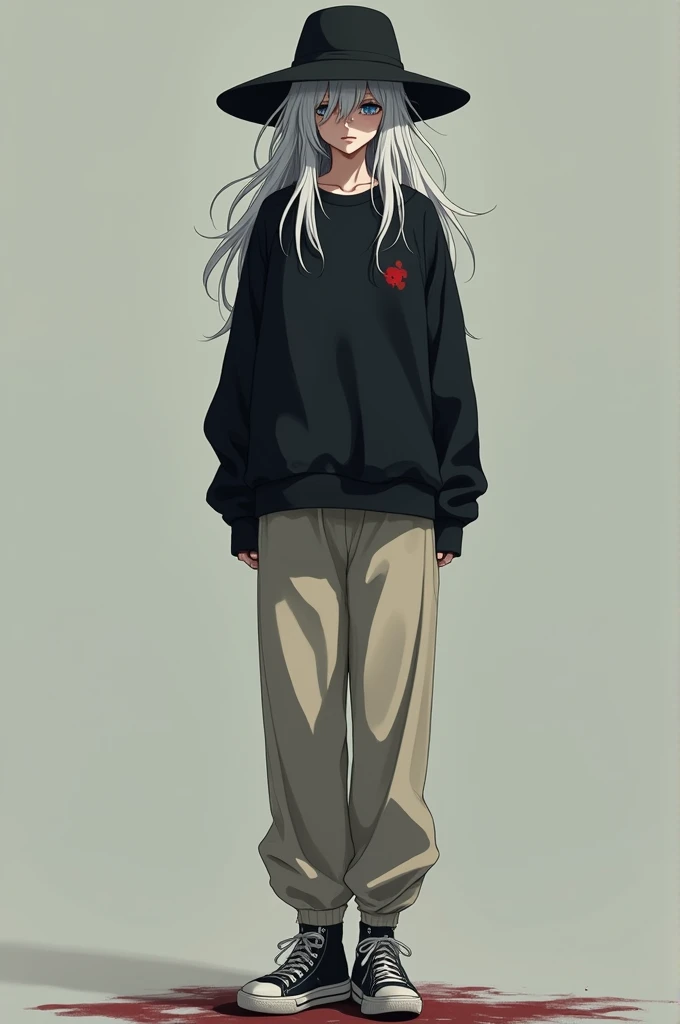  Anime style:  A tall woman with messy white hair that goes up to the knee, wears a black sweatshirt with a small blood stain , wear cold beige pants and cold beige sneakers , and youre wearing a cold black hat ,your hair covers your eyes ,your face is neu...