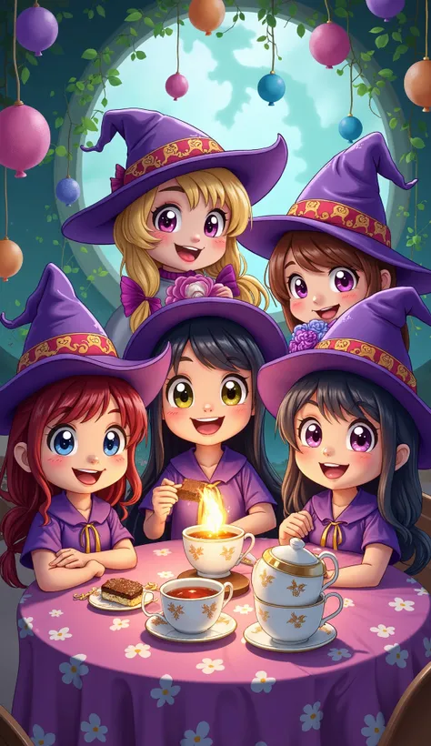 Masterpiece, best quality, wizard tea party, magic tea party, magic, chibi, handsome witches, highly detailed realistic eyes, happy, vibrant, colorful,