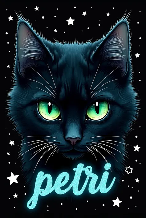 Cat face black green eyes  ,  black background with kawai-style prints with the word petri cursive style with blue glitter and neon relief