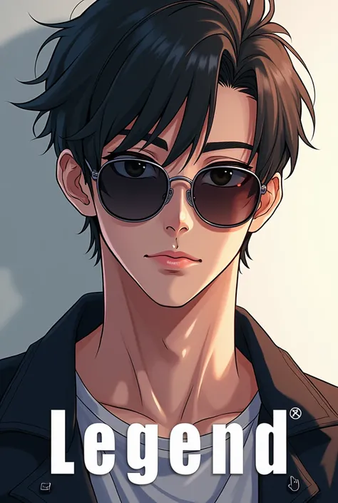 Realistic Anime boy with cool  sun glasses in down text written - legend    OP   2 