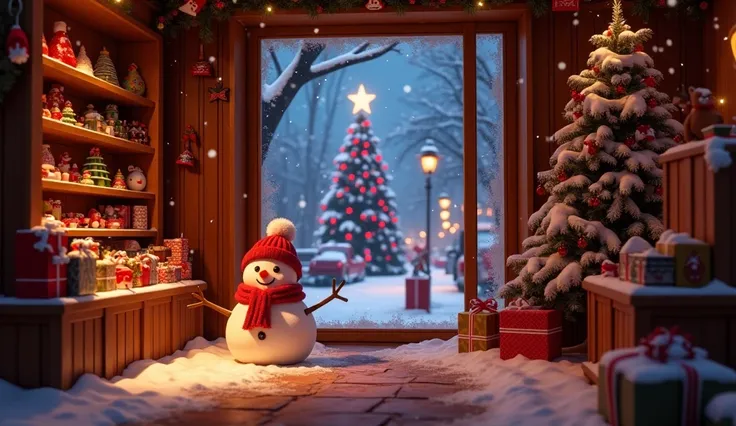 The scene is from inside a cozy red toy store decorated for the holidays, looking out through a large front window. The interior is warmly lit, with shelves filled with toys and Christmas ornaments in soft, golden light. Through the frosted glass and gentl...