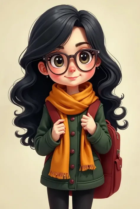 a cartoon  with glasses and a scarf is holding a backpack,  a character portrait inspired by Hermione Hammond , trends in cg society, serial art,  realistic cute painting ,  with glasses, cute portrait,  cartoon art style ,  cute and detailed digital art ,...