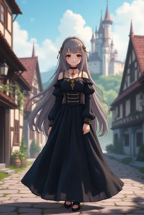 Anime girl in a medieval dress standing on the street with a castle in the background, 2. 5 d cgi   Anime Fantasy Artwork ,   Anime Fantasy Artwork ,  Anime Fantasy Illustration , Fantasy-style anime,  Beautiful Anime Girl ,   Beautiful fantasy anime  ,  E...