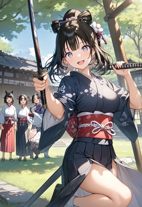 masterpiece, best quality, score_9, score_8_up, girl, smile, open mouth, samurai, outdoor,