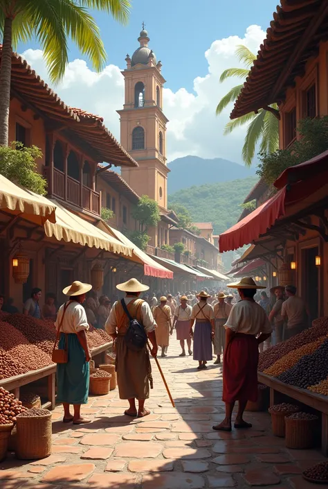 Farmers selling cocoa and coffee in a market square. colonial era.