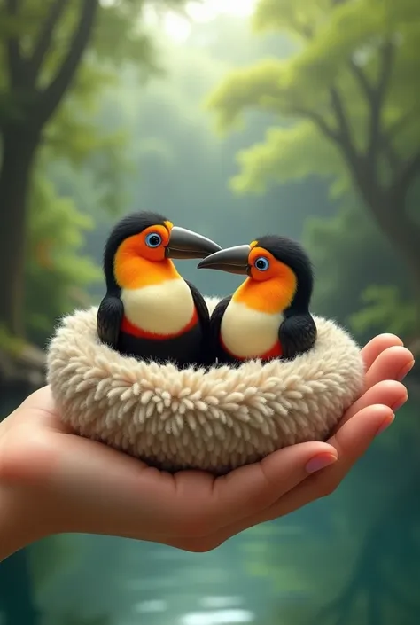 A hand holding 2 beautiful and small cute Toucan inside an ultra cute object = realistic with very dense fur.  The blurred background is of a forest with a lake behind it.