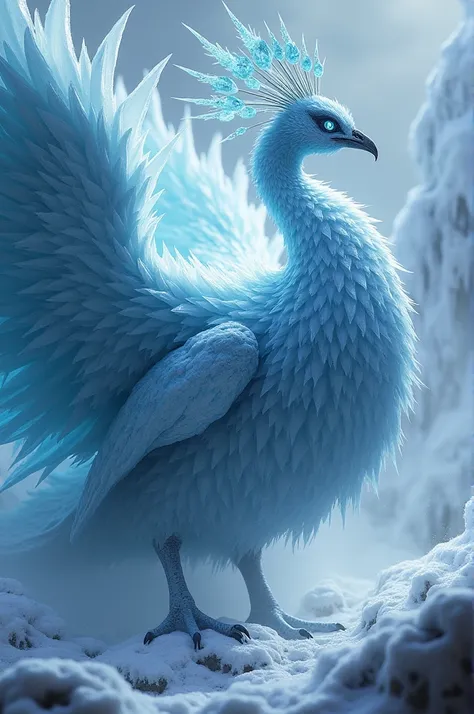 Create an image of a hybrid creature combining features of a peacock and ice into one monstrous and dangerous entity. This creature has the body and elegance of a peacock, but its feathers are made of sharp, crystalline ice that shimmers with cold beauty a...