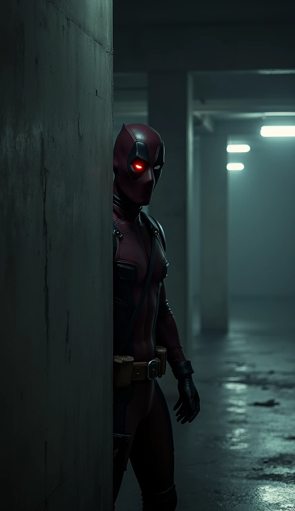  Deadpool peeking out from behind a concrete pillar in an extremely dark underground parking lot,  where darkness almost completely covers him .  Only a glimpse of his dark black and red costume is visible ,  with him blending into the shadows to the point...