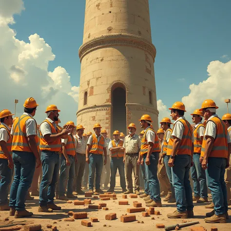   A chaotic scene at the base of the tower ,  with confused workers ,  unable to understand each other .  Some gesticulate , others shout ,  and many have expressions of frustration .  Tools and bricks are lying on the ground,  symbolizing disorder .