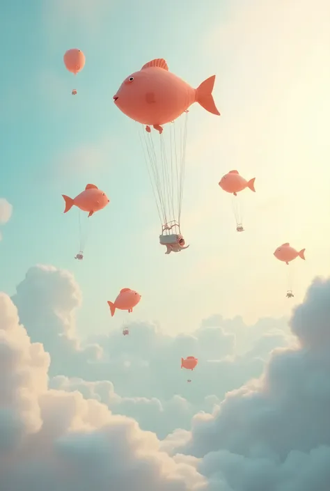 "Fish as balloons in the sky, surreal fantasy" High Resolution, Masterpiece, Award Winning, Best Quality, High Quality, UHD, , 8K Octane, Cinematic, Soft Colors,  Soft Lighting,