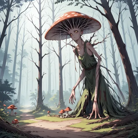 mushroom,mushroom人間,monster,In the forest,Scatter spores,dead tree,Fallen Tree, 1 Girl, 