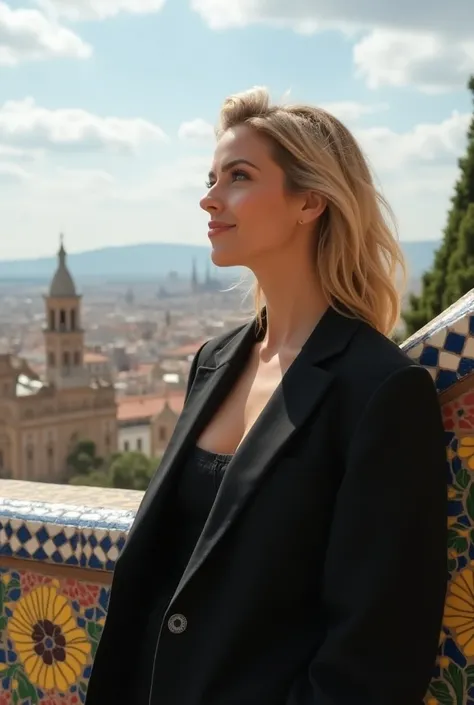 " Generate a realistic image of a woman with wavy blonde hair and shoulder length, in a relaxed pose, Full-body,  with views of the city of Barcelona in the background .  She wears a dark, oversized blazer with a slightly open neckline .  The woman is lean...