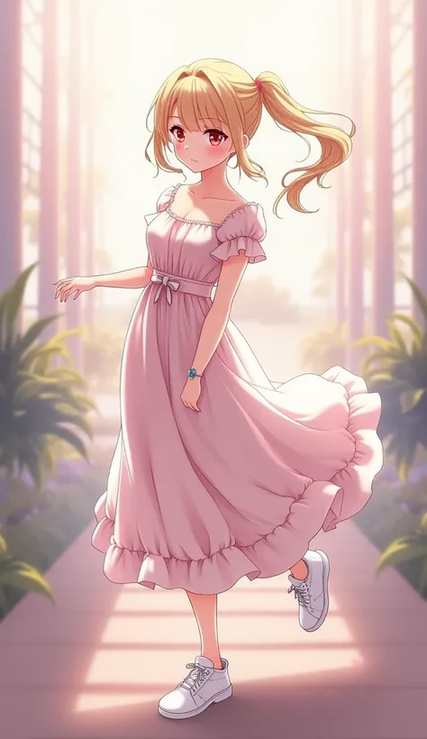 1girl, Blonde Hair, Red Eyes, Ponytail, Dutch Angle, HD, High Quality, Super Detailed, Blush, Makeup, Jewelry, Blurry, 3D Rendering, Minimalism, dressed in a beautiful long frock, white sneakers,Anime Style, 