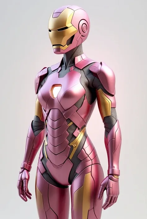 Create a realistic Ironman Suit for a woman using advanced nanotechnology. The suit should be sleek and form-fitting, with a metallic sheen, primarily pink and accents of golden. The design should fit a female body, with the helmet being streamlined and sl...