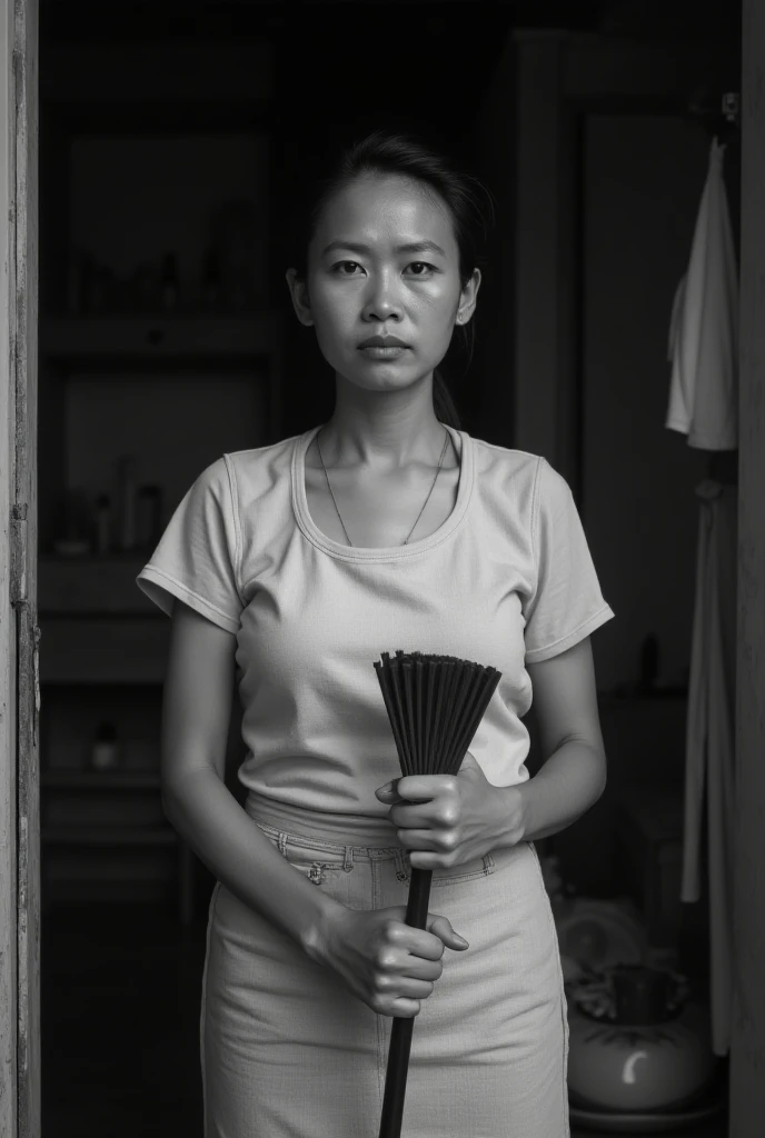 Photo of a black and white housewife, a Thai housewife holding a room cleaning equipment