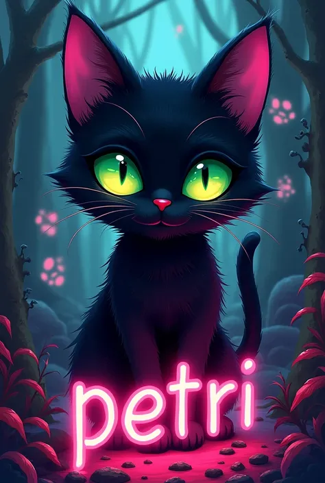 Background with faces and footprints of black cat  , kawai-style green eyes with the word Petri in neon color