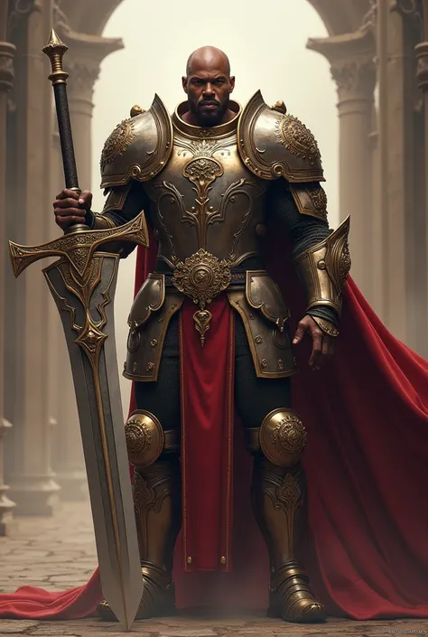 Terry Crews paladin dress,  wielding a big sword .