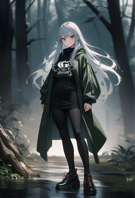 4K,  actual ,  Very detailed,  Theres a girl in the woods,  Shes a Samurai , War theme ,  Soft clothes , Long hair,  Wearing leggings , 25 years old, whole body,  Wearing Gucci shoes 