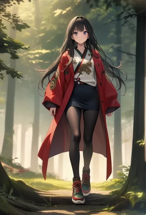 4K,  actual ,  Very detailed,  Theres a girl in the woods,  Shes a Samurai , War theme ,  Soft clothes , Long hair,  Wearing leggings , 25 years old, whole body,  Wearing Gucci shoes 