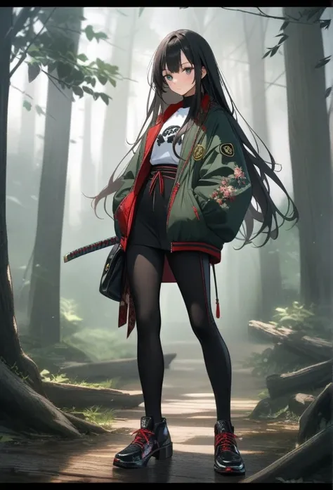 4K,  actual ,  Very detailed,  Theres a girl in the woods,  Shes a Samurai , War theme ,  Soft clothes , Long hair,  Wearing leggings , 25 years old, whole body,  Wearing Gucci shoes 