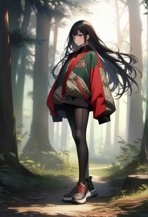 4K,  actual ,  Very detailed,  Theres a girl in the woods,  Shes a Samurai , War theme ,  Soft clothes , Long hair,  Wearing leggings , 25 years old, whole body,  Wearing Gucci shoes 