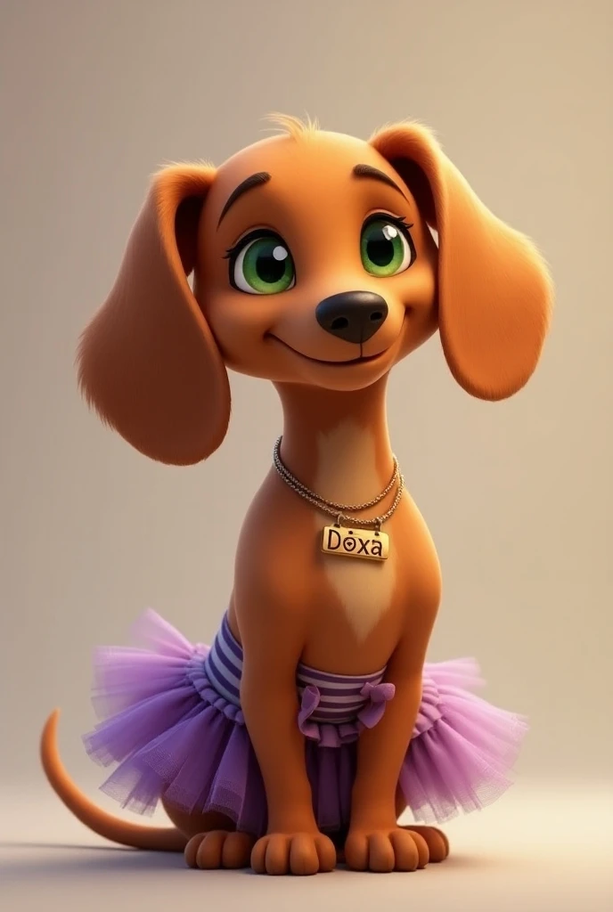  Create a brown sausage dog , green eyes and friendly face .  Which has a necklace indicating her name ,  the dogs name is Doxa .  In addition to having a purple dress with a tulle and white stripes 