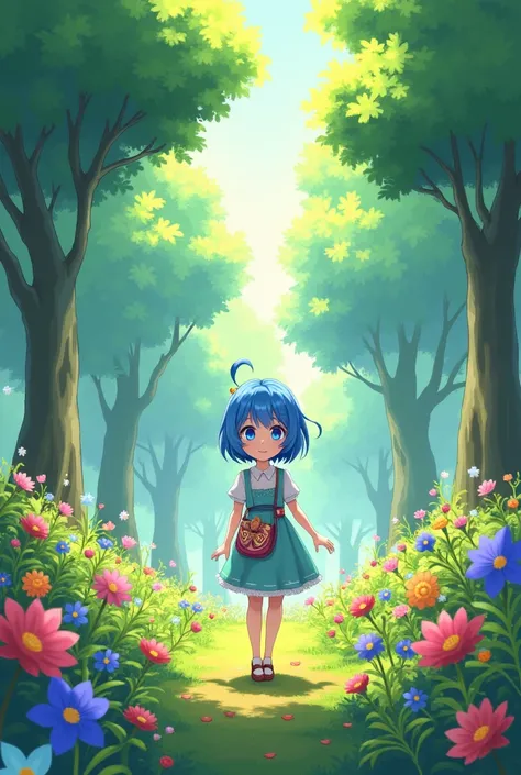 anime, sheep,  short blue hair, blue eyes, Background of a forest with lots of flowers.