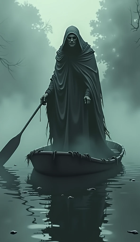 Charon is a thin and shadowy figure, with a tattered cloak covering his aged body and hollow eyes. He holds a worn oar as his boat crosses the river Styx, enveloped in thick mist and distorted reflections.