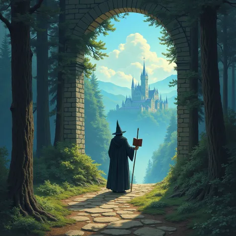 High-quality art drawing .  A magician with a staff and a book comes out of an arch-shaped magical glowing portal, the dimension of which you can see mountains in symbols in the forest at the edge of the forest. In the background, a medieval castle in the ...