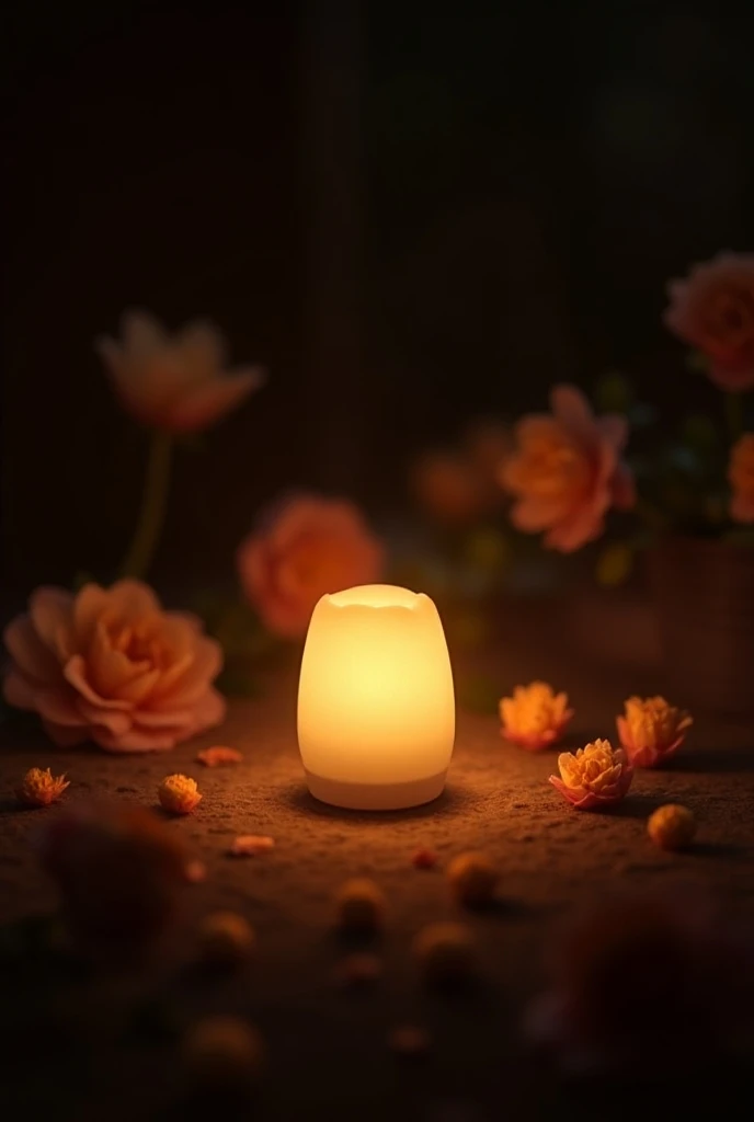 A night room with the natural light of a lamp with a flower