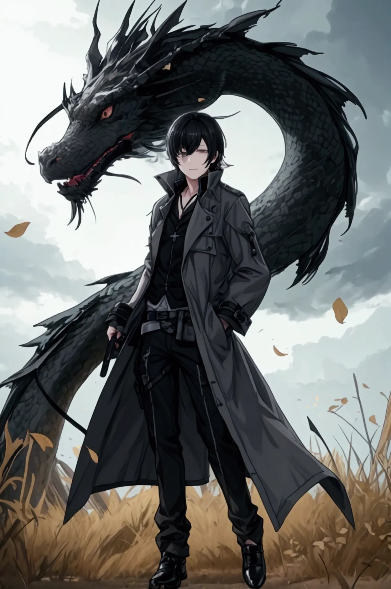 generates a boy with black hair and dark eyes he wears a gray trench coat with details lined in black .  the jacket has a high c...