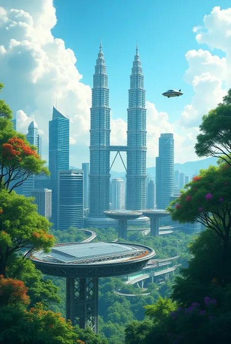 2304*576 long size
Ghibli style 
KLCC solar punk futuristic, top wide angle view, car fly,many solar energy and, different tropical tree, 
