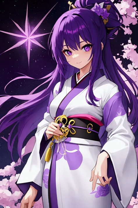 Female + purple hair + purple eyes + star eyes + white and purple kimono