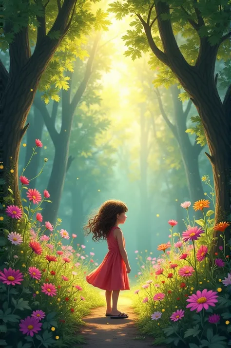 Create sequential images from the following story 
In a very far away place there was a magical garden that could only be seen at dawn.. This garden was special because the flowers were not only beautiful, but they could also speak. However, only ren with ...