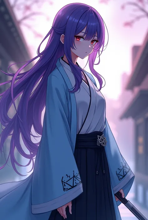 mature anime-style beauty
Long purple hair that hides the waist　Two-color purple and blue hair 　 turn a section of ones bangs blue blue blue with blue highlights on the bangs　 part of the bangs is light blue 　Dark Eyes　Sharp, Cool Eyes 　Light blue haori co...