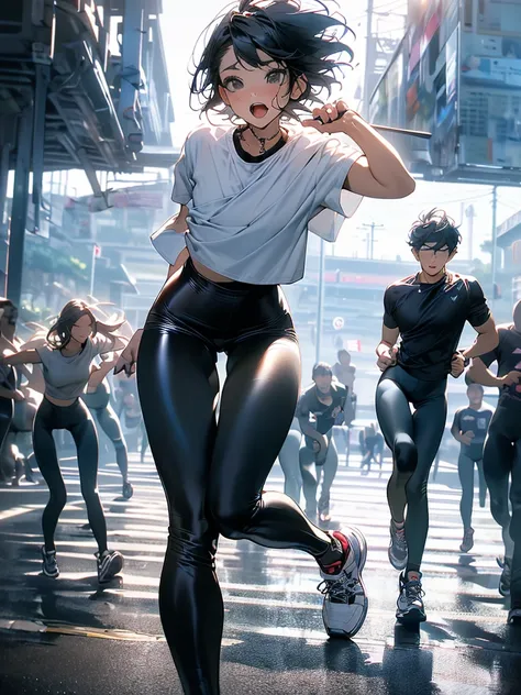 sfw,Best Quality,  official art, masterpiece,(1 person:2.0), Neutral Mens ,( flat chest:1.3),(7 heads), Black Hair ,(Bob Cut Hair),(running:1.5), sportswear,(stretchy leggings:1.5), sneakers , Short Sleeve Shirts,( Miniskirt),marathon course ,garden,(Dynam...