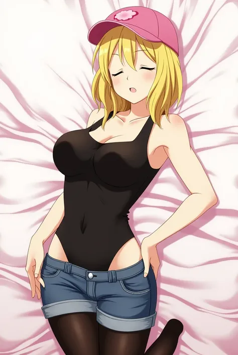 Lucoa (Miss Kobayashis)  wearing a black tank top , very short denim shorts , black pantyhose ,  with both eyes closed , Loose blond hair with a pink cap ,  huge breasts and a provocative pose as the anime shows
https://pin.it/27e53BTcx