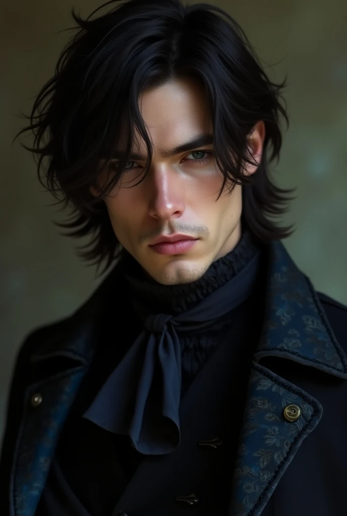 handsome man Triton ,  with shoulder-length black hair somewhat messy ,  brown with some piercings on his lower lip with black eyes ,  wearing a Victorian suit of black shirt and coat with blue and black details