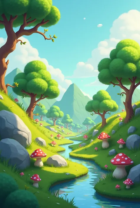 2.5D scene ， with green stones ， and small trees ， with various colored mushrooms，There is also a small river