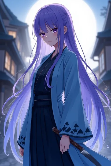 mature anime-style beauty
Long purple hair that hides the waist　Two-color purple and blue hair 　 turn a section of ones bangs blue blue blue with blue highlights on the bangs　 part of the bangs is light blue 　Dark Eyes　Sharp, Cool Eyes 　Light blue haori co...