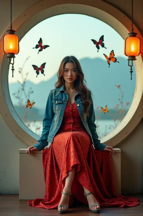 wearing a long-sleeved red brocade dress casual with jeket jins wearing high-heeled sandals typical of women sitting leaning against the wall with a background style, there is a large glass circle with 2 ringlights, with stickers of the sea and butter flie...